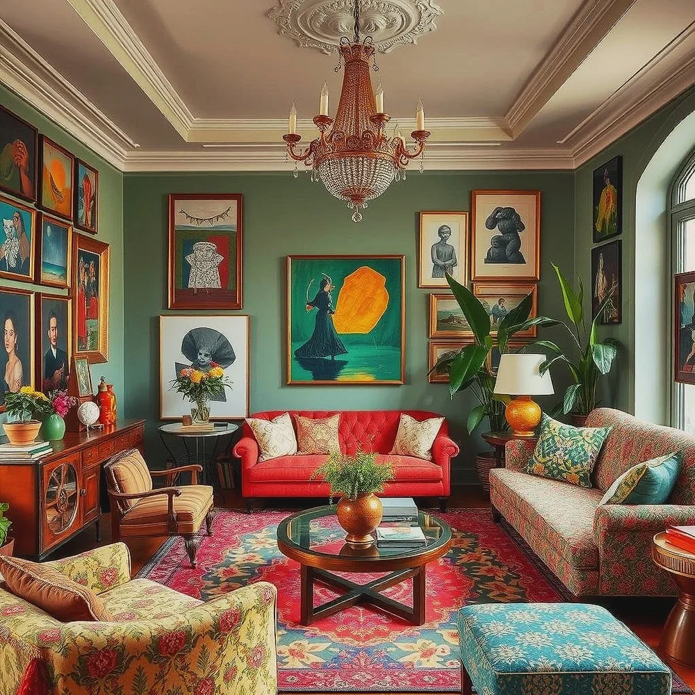 Illustration of a warm, colourful, eclectic living room full of art, plants and comfortable seating