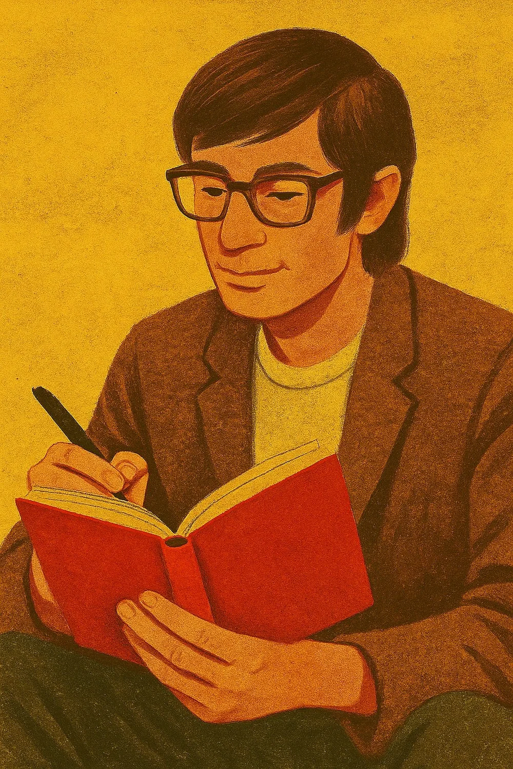 Illustration of a psychologist writing notes in a warm, unhurried session