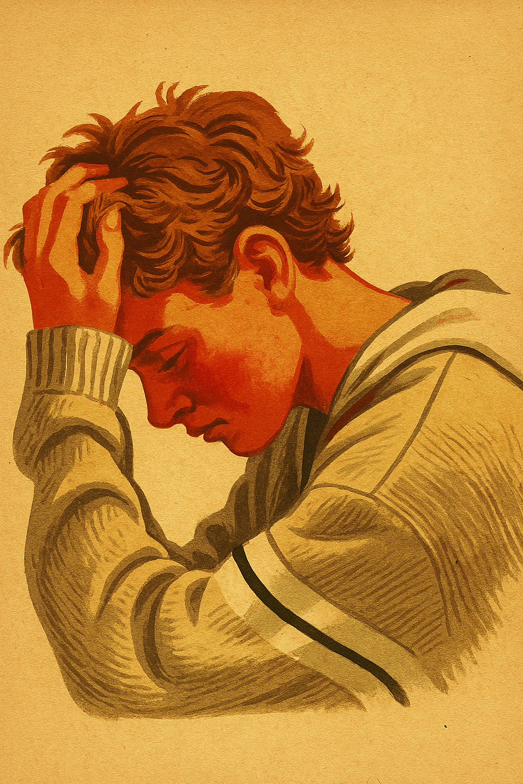 Illustration of a young person resting their head in their hand, looking weighed down